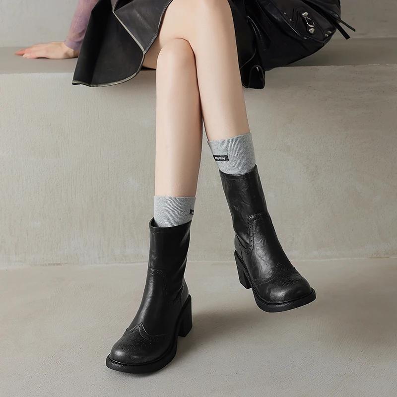 Fashion 2024 Winter Genuine Leather Women Boots Autumn Women Shoes Brogues Vintage Block Chelsea Boots Retro Ankl Boots
