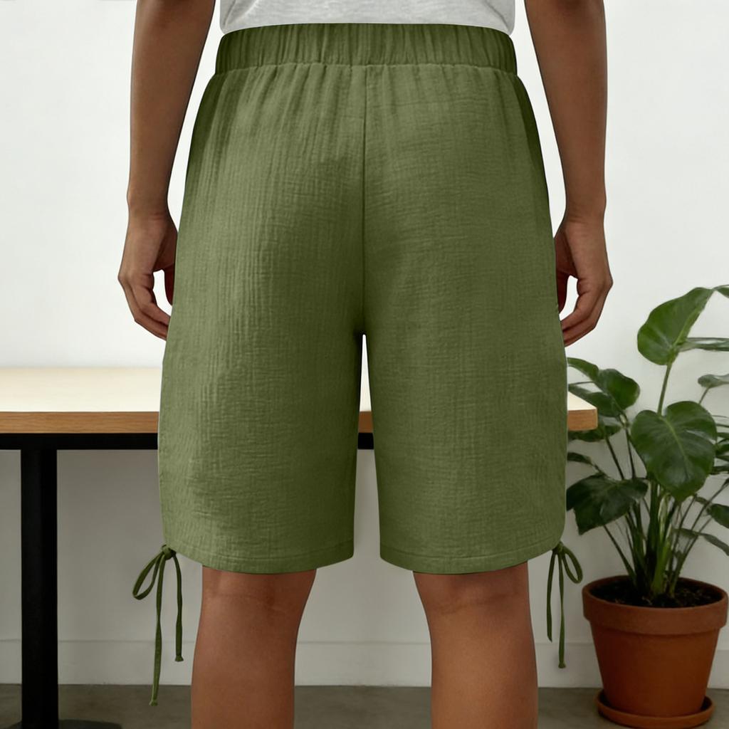 Women's Fashionable Color Elastic Waist Pocket Casual Loose Cotton And Linen Five Quarter Shorts