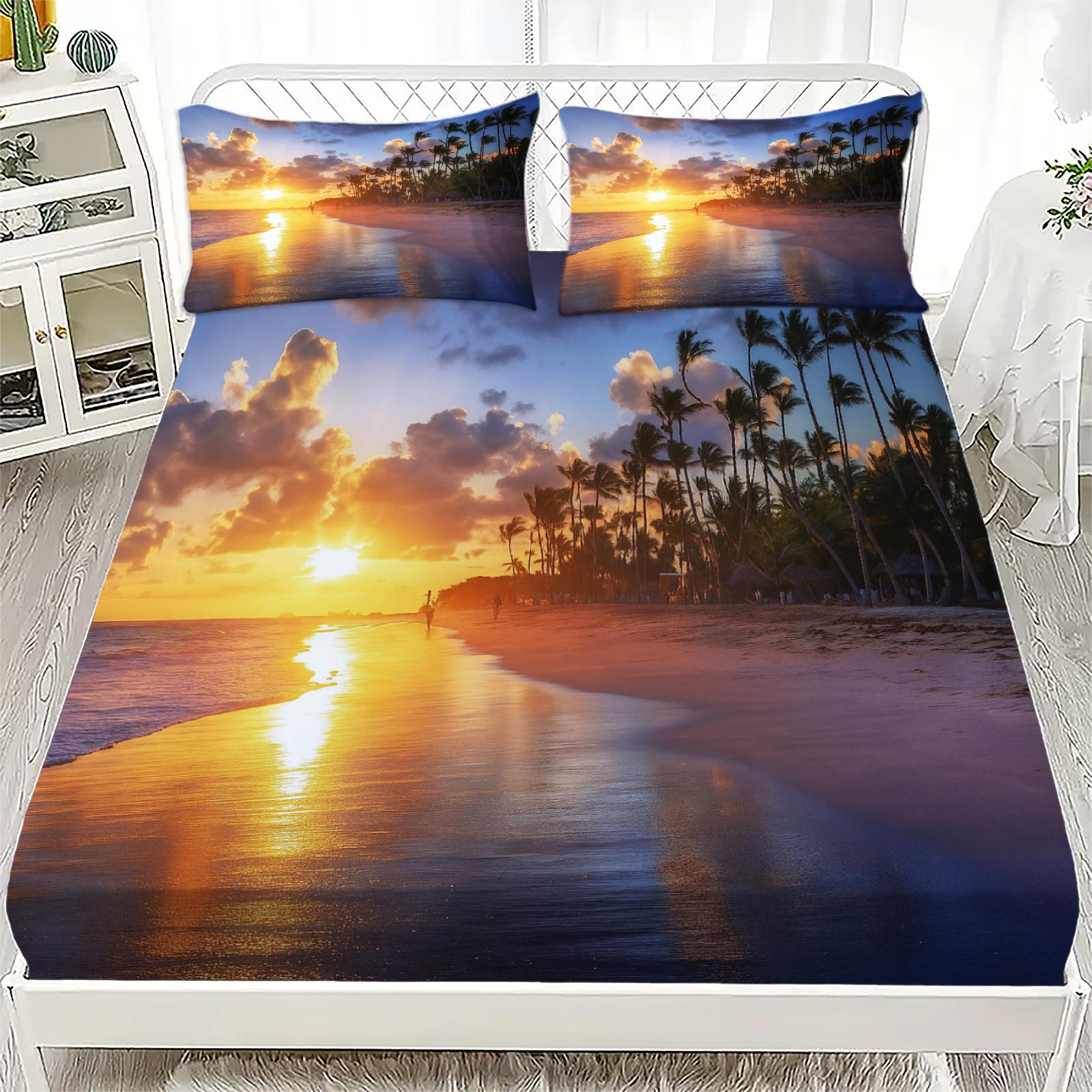 

3pcs Fitted Sheet Set Colorful Seaside Blue Waves Print 100% Polyester Breathable Bedding Set for Home Decor with 2 Pillowcases 99x190x25cm