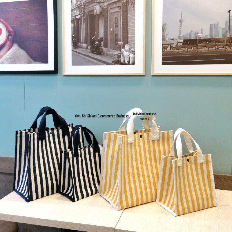 Korean Style Striped Canvas Tote Bag - Large Capacity Shoulder Bag for Women