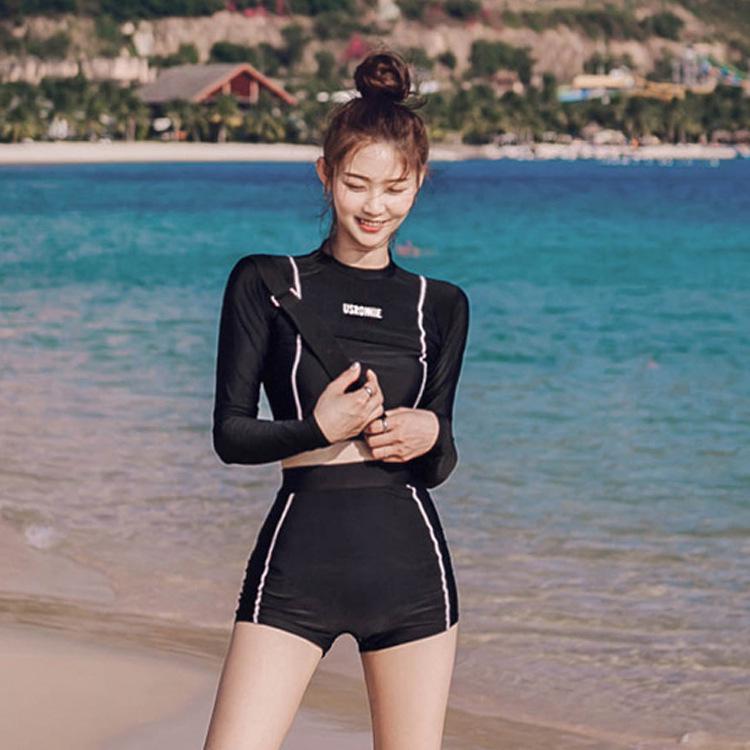 

Korean High Neck Two-Piece Women s Swimsuit with Sun Protection, Tummy Control, and Long Sleeves for Spring/Summer L чёрный