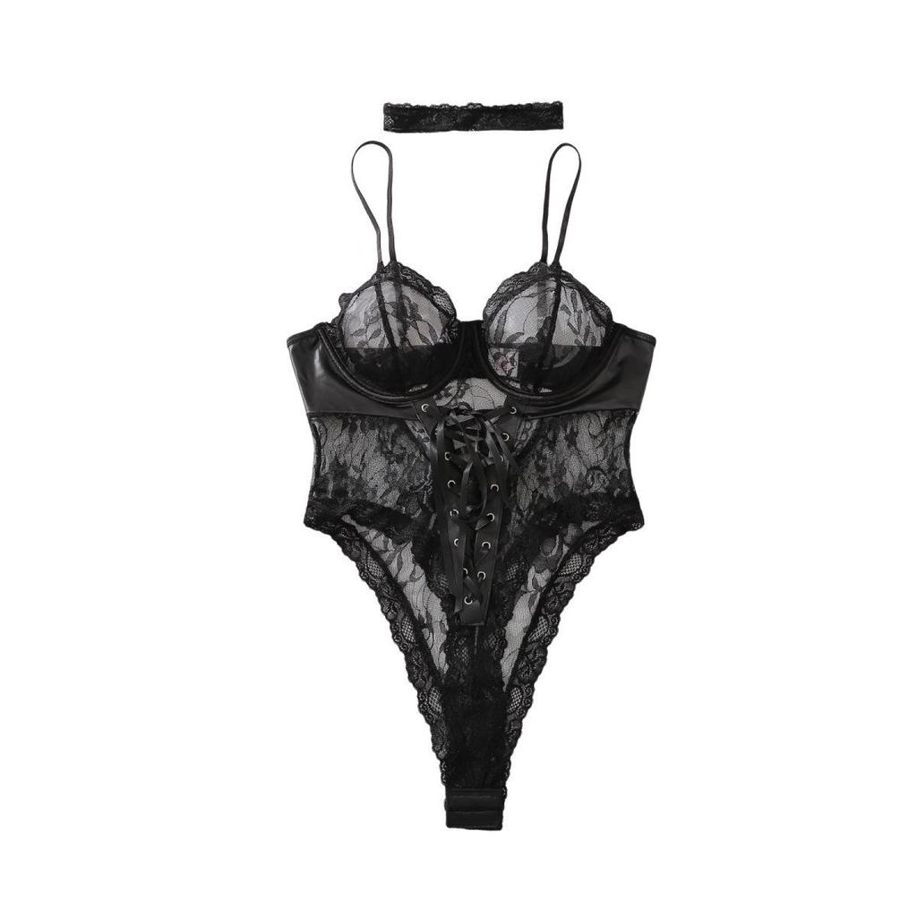 Women's Sexy Patent Leather Spliced Lace Shapewear Bodysuit Black Lace-Up Bust & Waist Cincher One-Piece Shaper