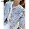 Elegant Luxury Blue Plaid Tweed Jacket Women Vintage Round Neck Pearl Button Design Short Coat Korean Fashion Chaqueta