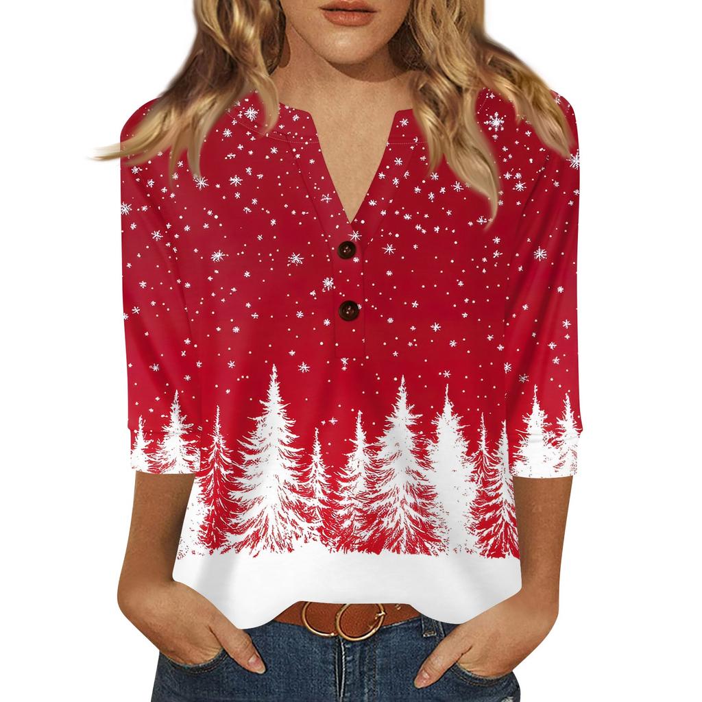 Women's T Shirt Christmas Print Button 3/4 Sleeve Daily Weekend Fashion Basic V- Neck Regular Top