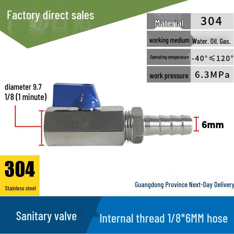 304 Stainless Steel Sanitary Mini Ball Valve, Internal/External Thread, High Pressure, 1/8"-3/4" Sizes, Open Pagoda Design