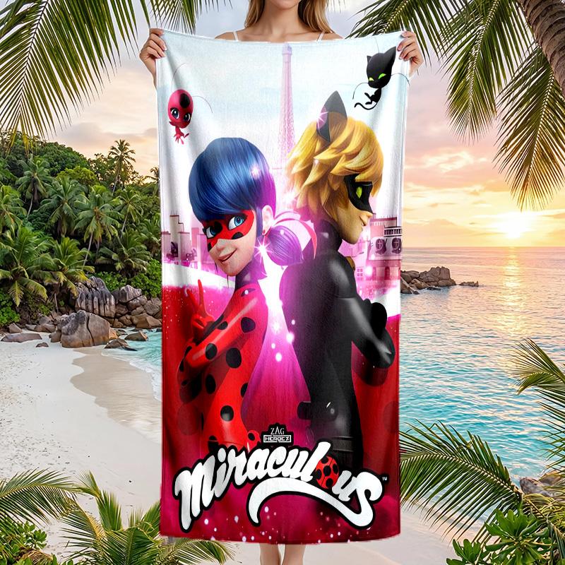 Asciugamano da Spiaggia alla Moda Miraculous Ladybug Portatile Morbido Asciugatura Rapida per Nuoto Campeggio Vacanze