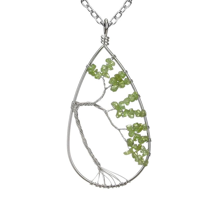 

Handmade Silver Wound Copper Wire Gravel Tree Of Life Water Drop Natural Stone Necklace, Curved Tree Of Life Necklace N28
