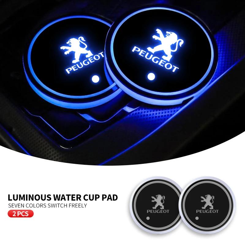 1/2Pcs 7 Color LED Car Cup Holder Light Luminous Coaster Water Cup Pad For Peugeot 308 408 508 RCZ BBA 208 3008 2008 206 207 307