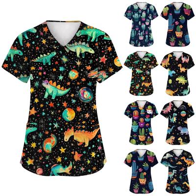 Women's Fashion Short Sleeve Cute Animal Printed V-Neck Pocket Workwear Tops