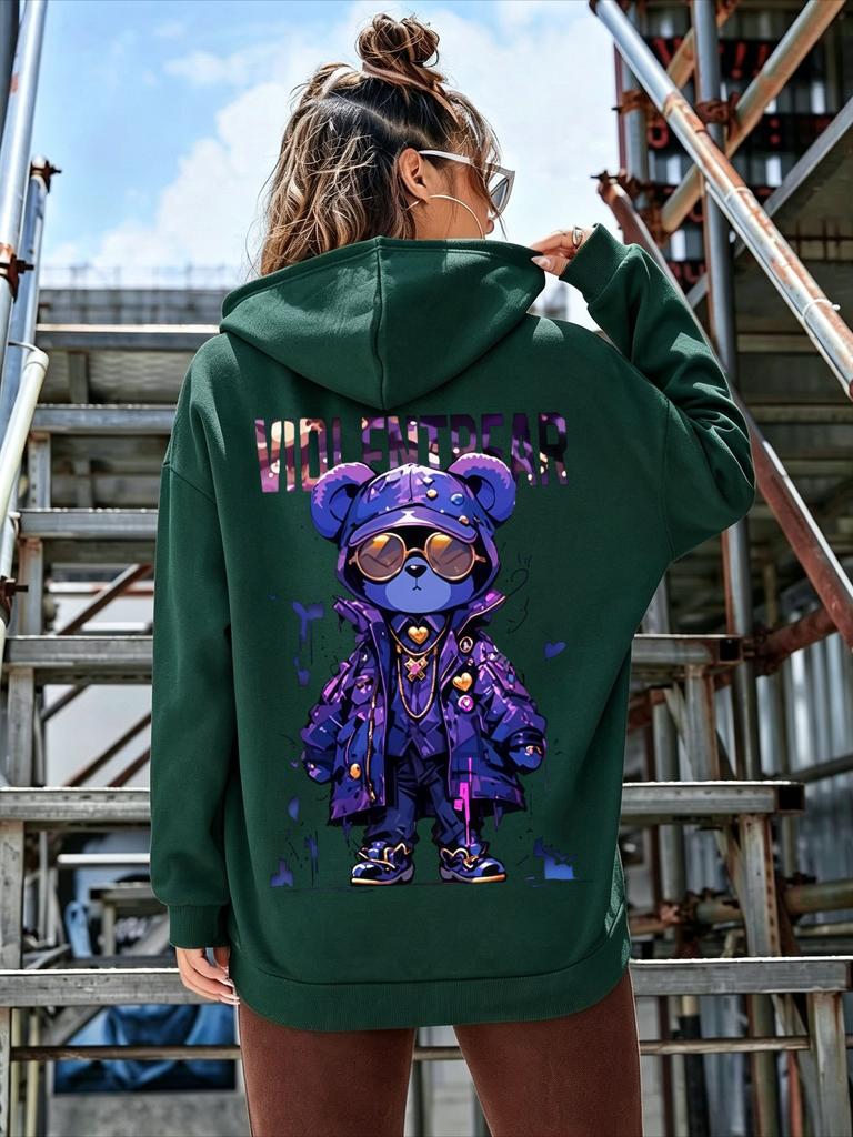 American Street Style Purple Sunglasses Small Bear Print Hooded Sweatshirt Oversized Loose Long-sleeved Casual T-shirt