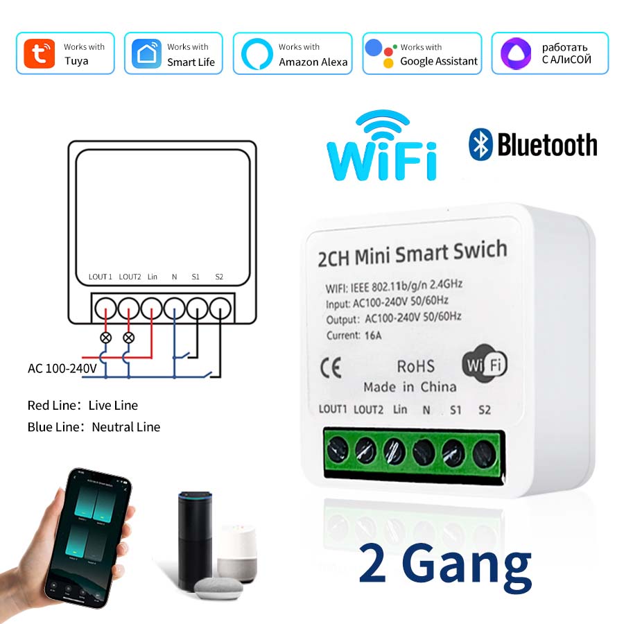1/2 Gang Tuya Wifi Smart Home Light Switch Suitable 100-240V 16A/20A Light Switch Smart Life Voice Control for Alexa Google Home