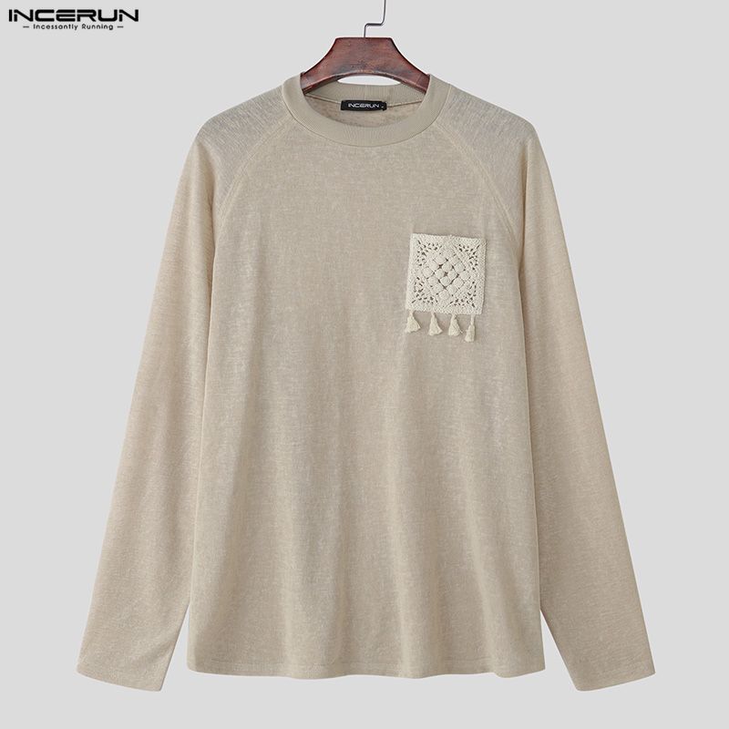 INCERUN Spring Men Round Neck Long Sleeve Crochet Casual Loose Pullover T-shirts Tops