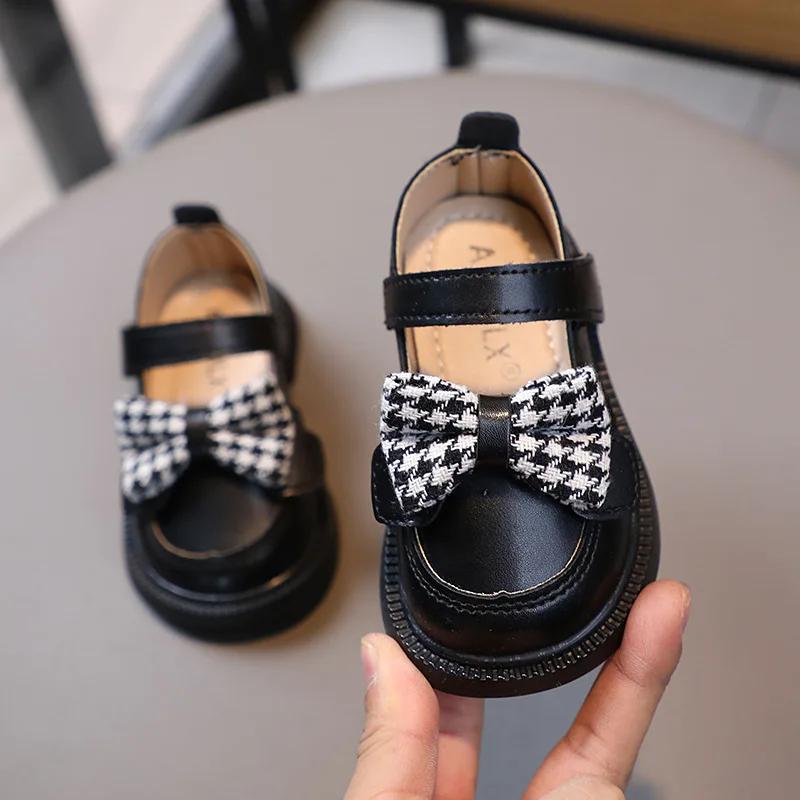 

Children Leather Shoes Girl s Cute Houndstooth Bow-tie Shallow Shoes Baby s High-quality Casual Wedding Party Shoes Kids G04271 16 чорний