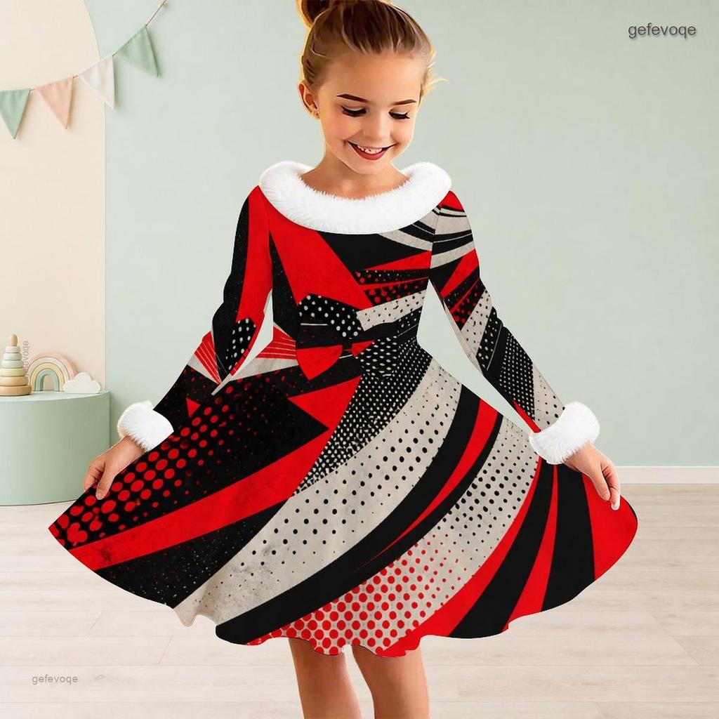 Meisjes Jurk met Hoge Hals, Lange Mouwen, Geprint Patchwork, A-lijn, Uitlopend, met Bontrand