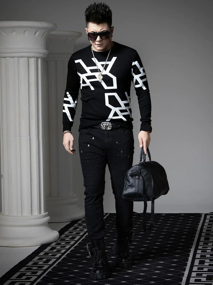 European Casual Round-Neck Sweater for Men 2025 Autumn and Winter New Trendy Geometric Print Knitwear Base Shirt