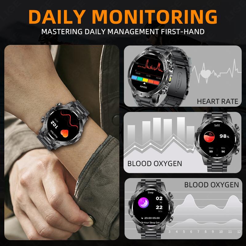 800mAh Large Battery Durable Adult Smart Watch Compass LED Flashlight IP68 BT Call Heart Rate 100+ Sports Smartwatch Men