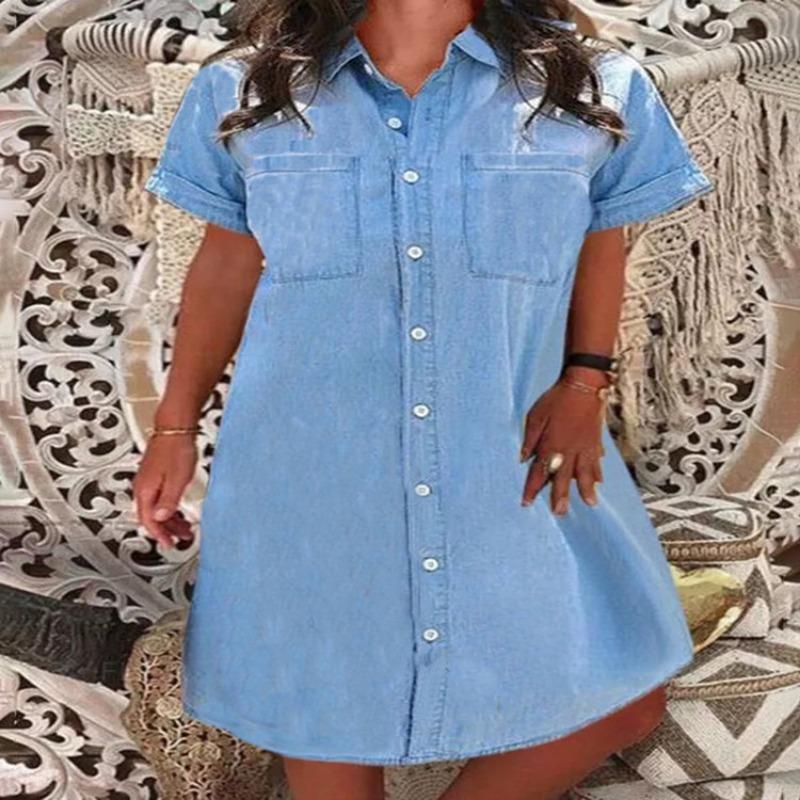 

Летнее джинсовое платье с коротким рукавом Элегантный стиль Свободные карманы больших размеров Сплошной цвет Повседневное платье-рубашка Lades Fashion Однобортное платье с лацканами 1007