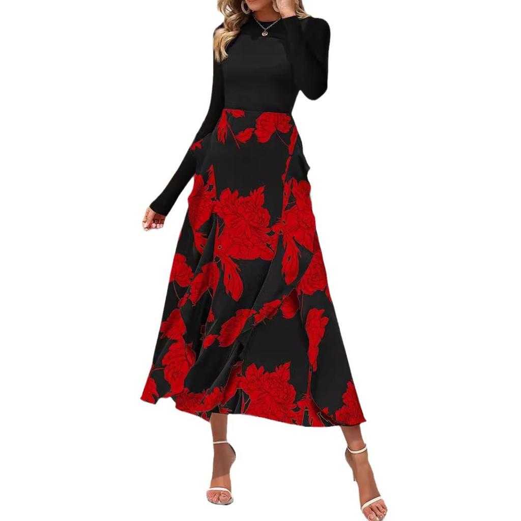 Autumn Women's Dress Fashion Splicing Floral Long Dress Round Neck Long Sleeve Ruffle Dresses