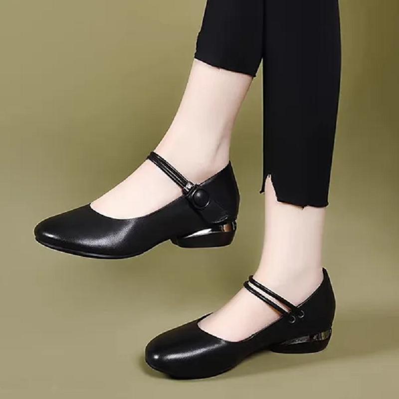 women cute sweet black round toe buckle strap square heel shoes for office career lady casual beige spring shoes ab616