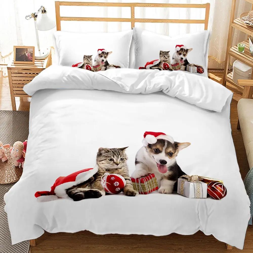 Husă de Plapumă Pisică Pisici și Câini Se Joacă Crăciun Animal Animal de Companie Set de Lenjerie de Pat pentru Copii Adolescenți Mărime Dublă Queen King Poliester Husă de Plapumă