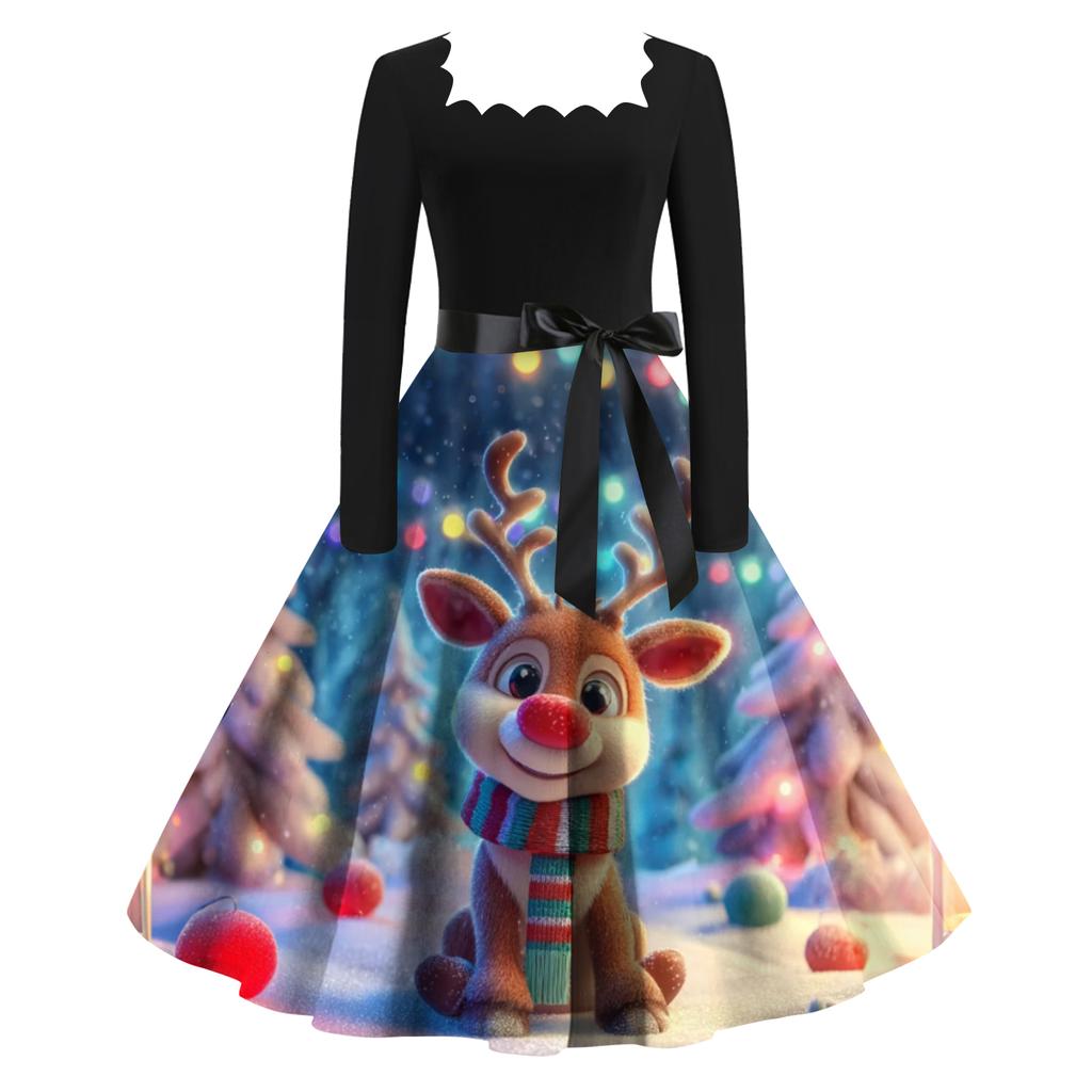 Women's Fashion Retro Long-sleeved Square Collar Christmas Printed Evening Dress