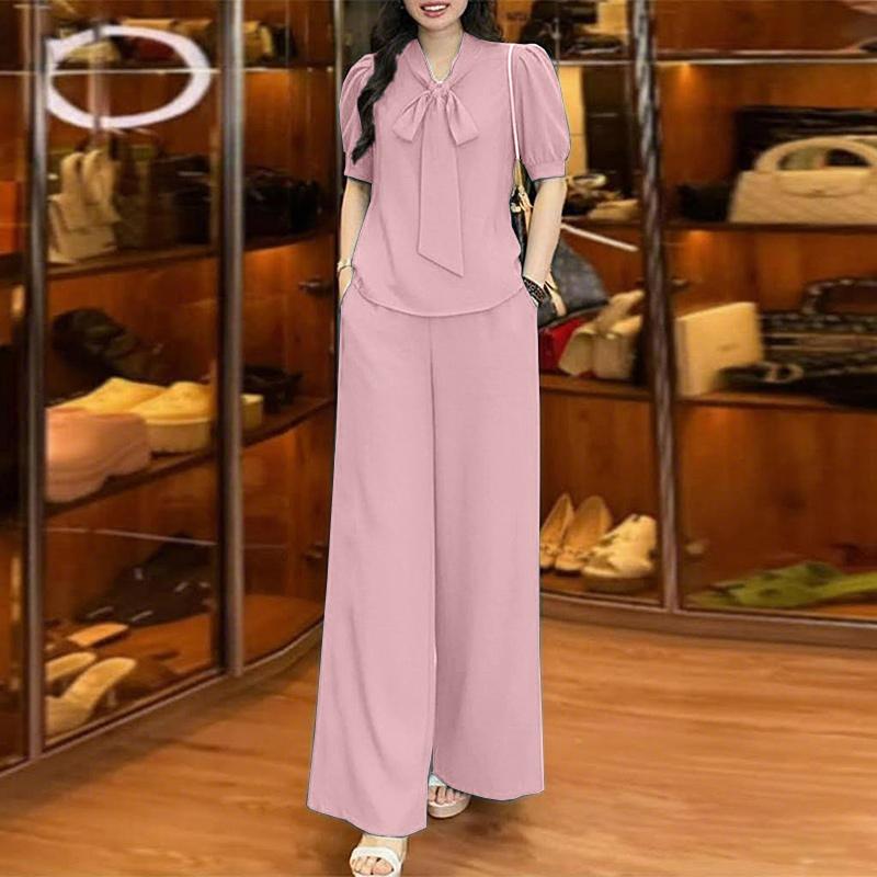 ZANZEA Women Short Sleeve Blouse and Pants Casual Two Piece Suit Sets