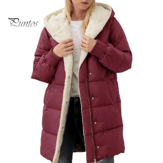 

Зимове жіноче пальто Товста флісова підкладка Вітрозахисна застібка-блискавка З капюшоном Еластичні манжети Кишені Довгі рукави Теплозберігаючий кардиган Пуховик XXL вина червоного кольору