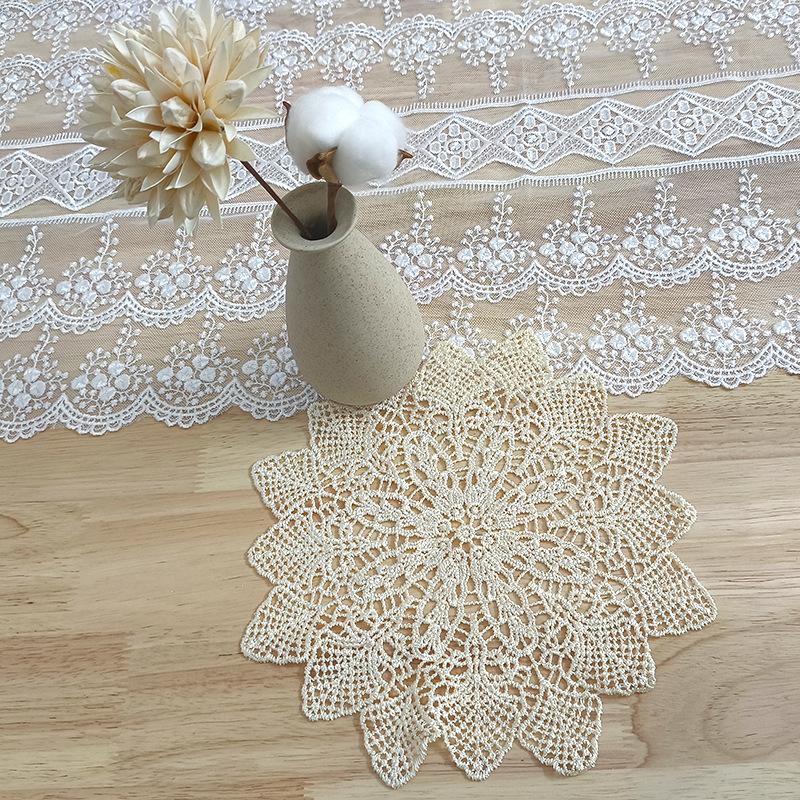Beige lace embroidery cut-out tablecloth mat round water-soluble embroidery decorative coaster shooting props simple retro style