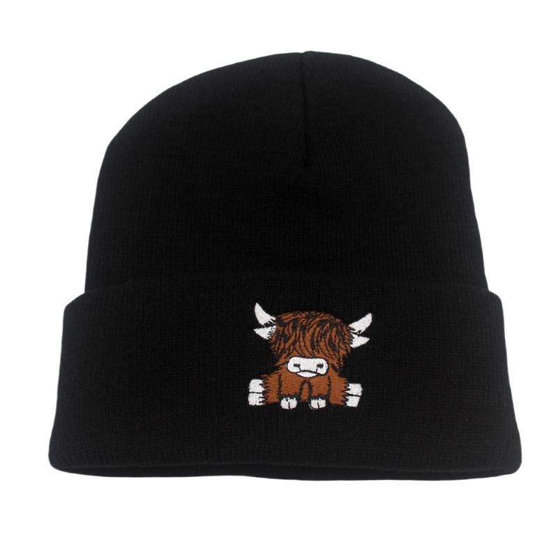 Autumn and winter pullover cold hat Scottish Highland cattle embroidered knitted hat neutral thermal knitted hat