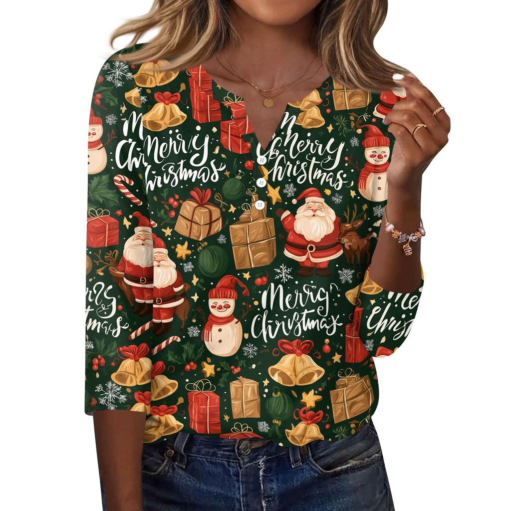 Women's Fashion Casual Christmas Print V-Neck Button Three-Quarter Sleeve T-Shirt Blouse