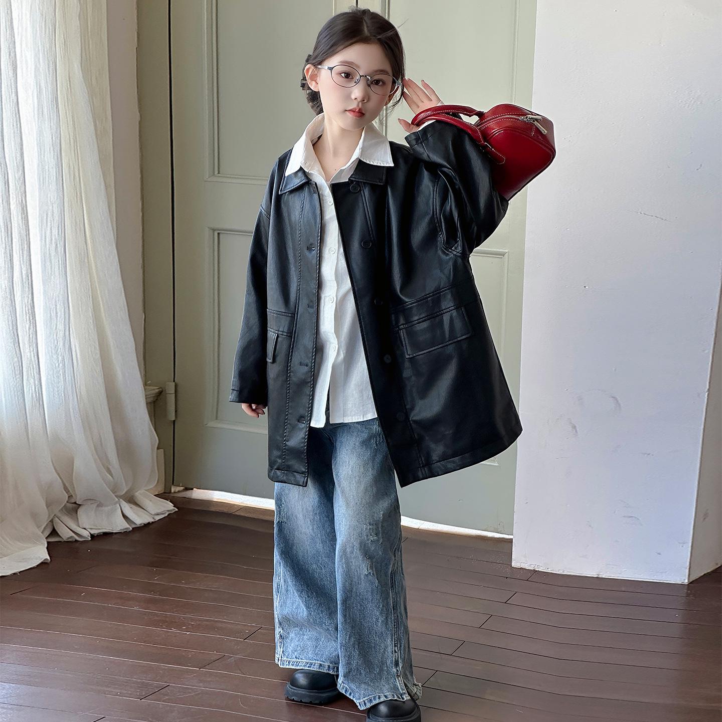 

Girls 2025 Spring/Fall Fashion Leather Jacket for Children 120 cm