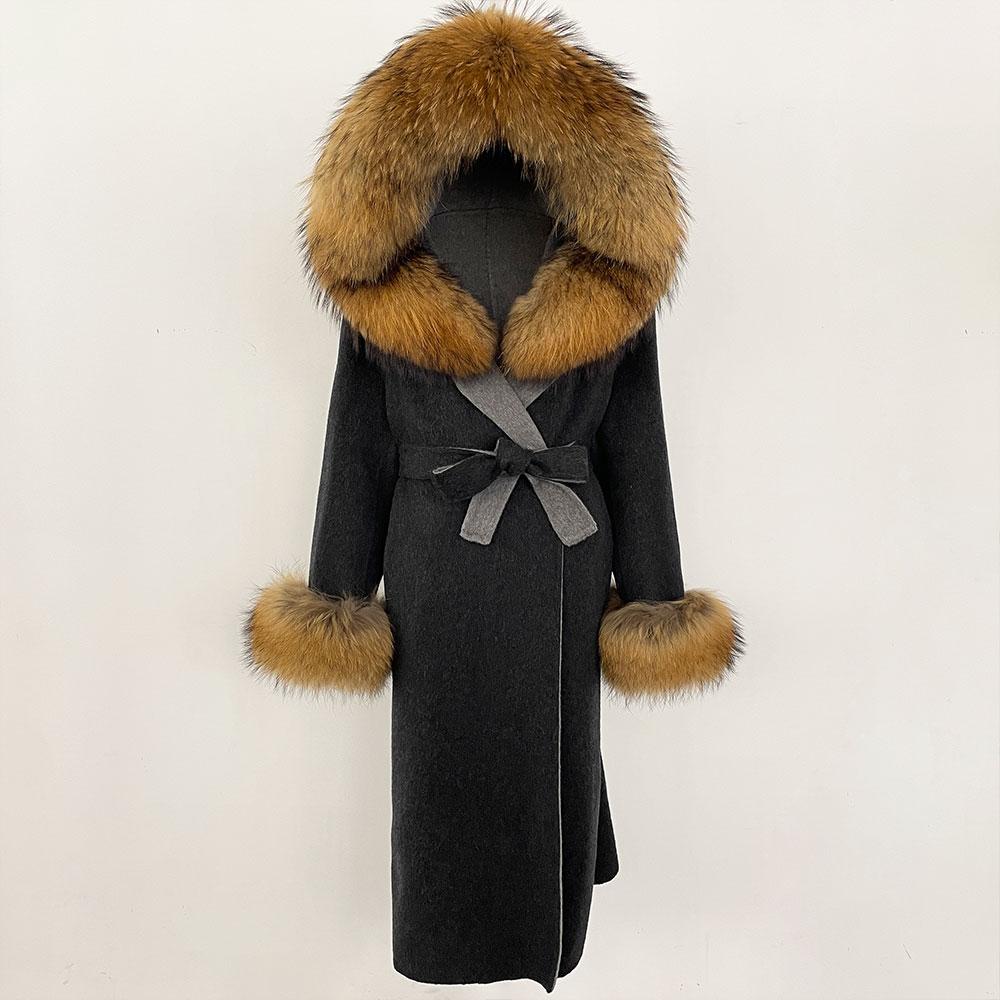 OFTBUY Winter Women Coat Real Natural Fox Fur Hooded Detachable Collar Double-faced Woolen Jacket Long Casual Elegant Overwears