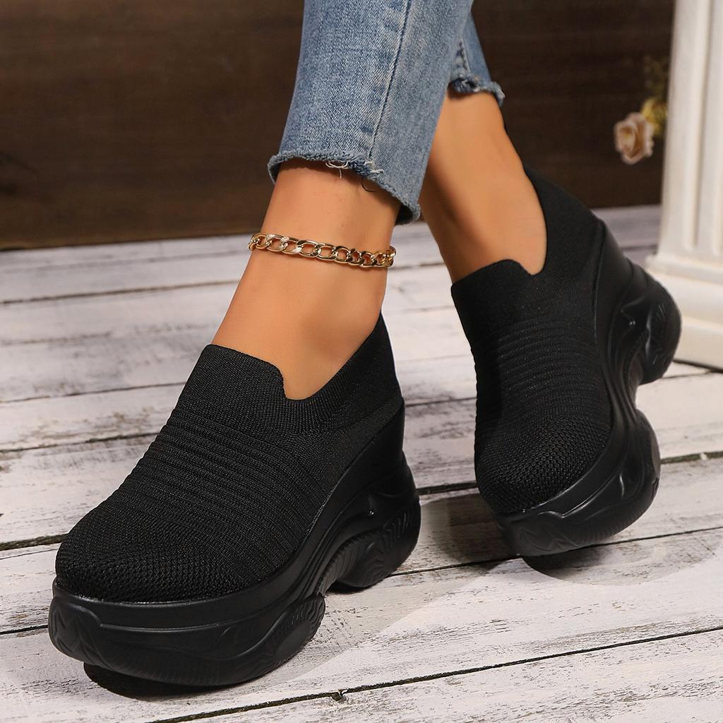 Heightening Thick Sole Fashionable Ladies Shoes  Autumn New Black Mesh Breathable Casual Slip-on Women's Vulcanized Shoes