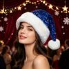 Double Layer Thickened Velvet Hat Christmas Sparkly Sequins Santa for Adults, Plush Glitter Bling Warm Ear Protection Holiday Cap with Fluffy