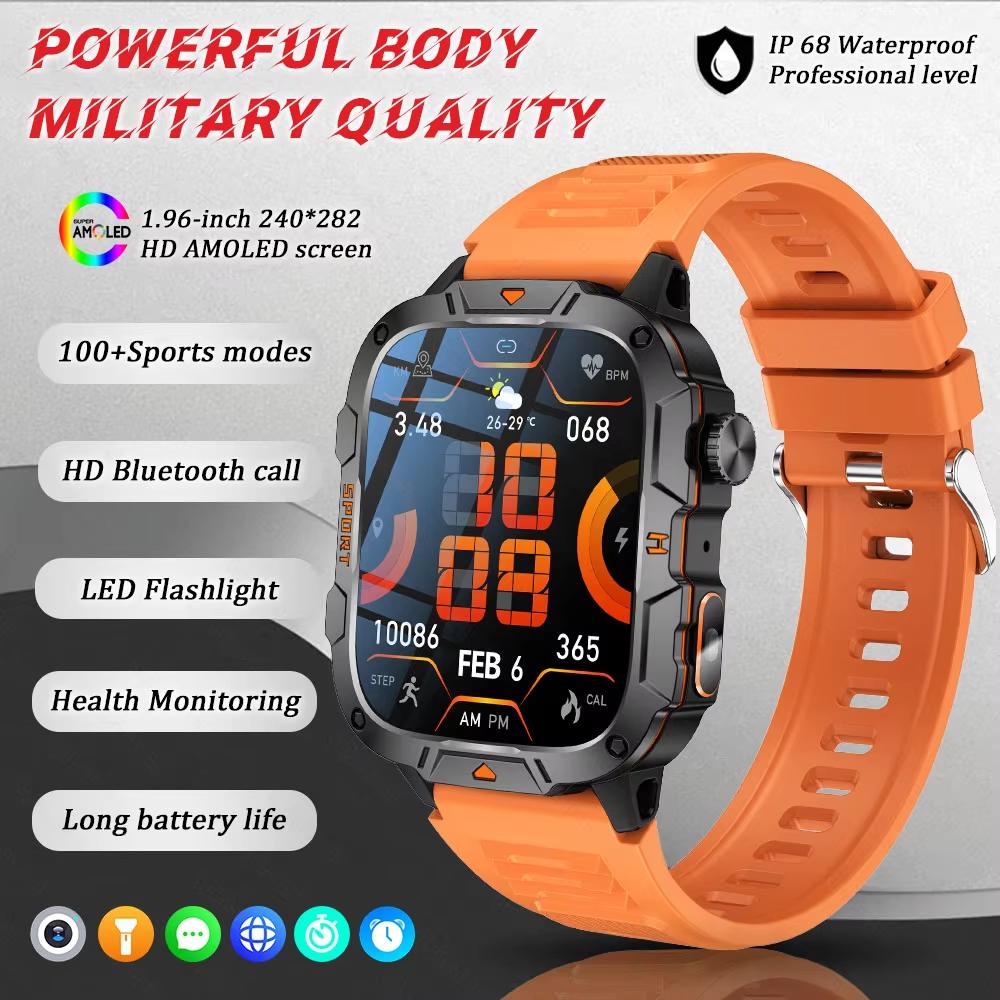 2025 New Military Grade Smart Watch Men 1.96" AMOLED Screen 5ATM Waterproof Sports Fitness Tracker BT Call Smartwatch For Xiaomi