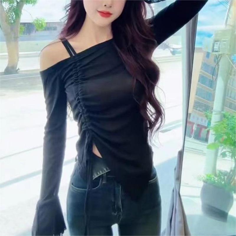 2024 Autumn/Winter Women's Off-the-Shoulder Spaghetti Strap Drawstring T-Shirt - Spicy Girl Style