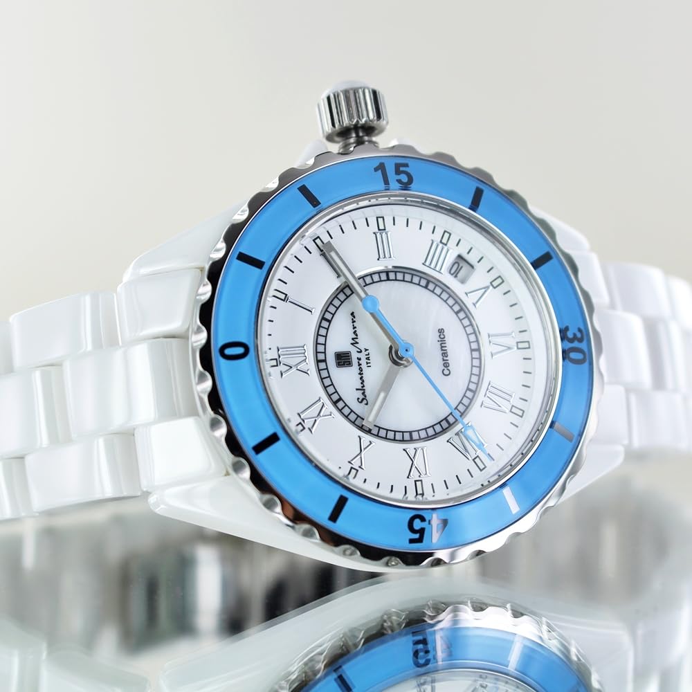 Salvatore Marra Ceramic Bracelet Watch SM23103-WHBLR Unisex Calendar Function White Ceramic Case & Strap