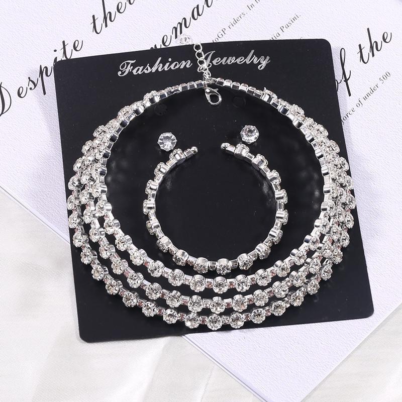 Koreanisches Braut-Funkel-Strassschmuck-Set, rundes Voll-Diamant-Armband, Ohrringe, Halskette Dreiteiliges Set