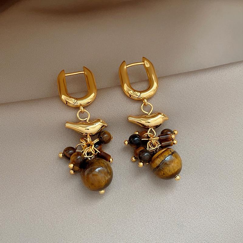 Gold-Plated Tiger Eye Bird Ear Cuffs: Vintage Y2K Style Earrings for Women