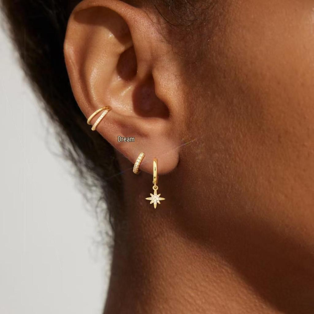Gold Plated Star & Zircon Circle Earrings for Women - High-End Versatile Design