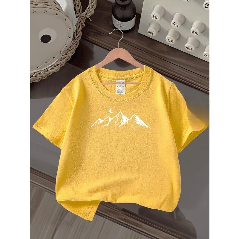 European sizes Boys' T-shirt Mountain Range Moon Night Sky Silhouett, Ideal for Outdoor Activities, Soft Knitted Top, Comfortable And Breathable