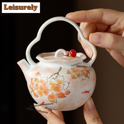 160ml Hand-painted Pink Magnolia Lifting Handle Teapot Japanese Tea Infuser Pot Tea Brewing Kettle With Ball Hole For Tea Craft
