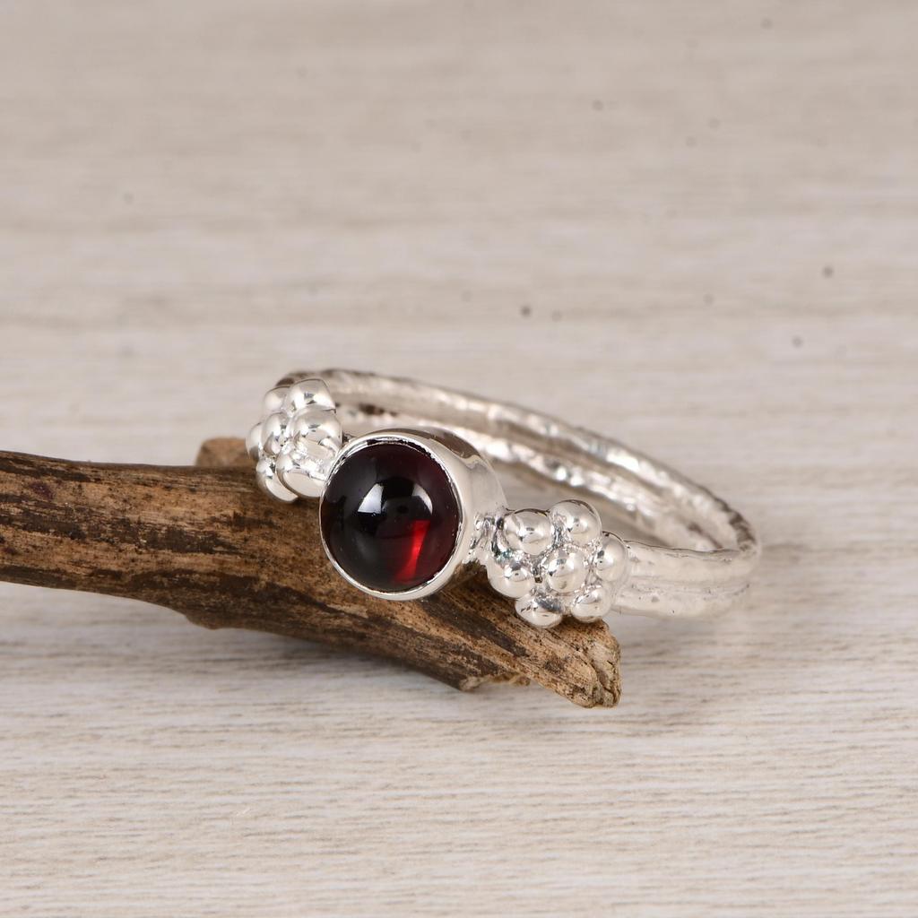 Natural Garnet 925 Sterling Silver Ring, Minimalist Garnet Stacking Ring, Handmade Silver Gemstone Ring for Women.