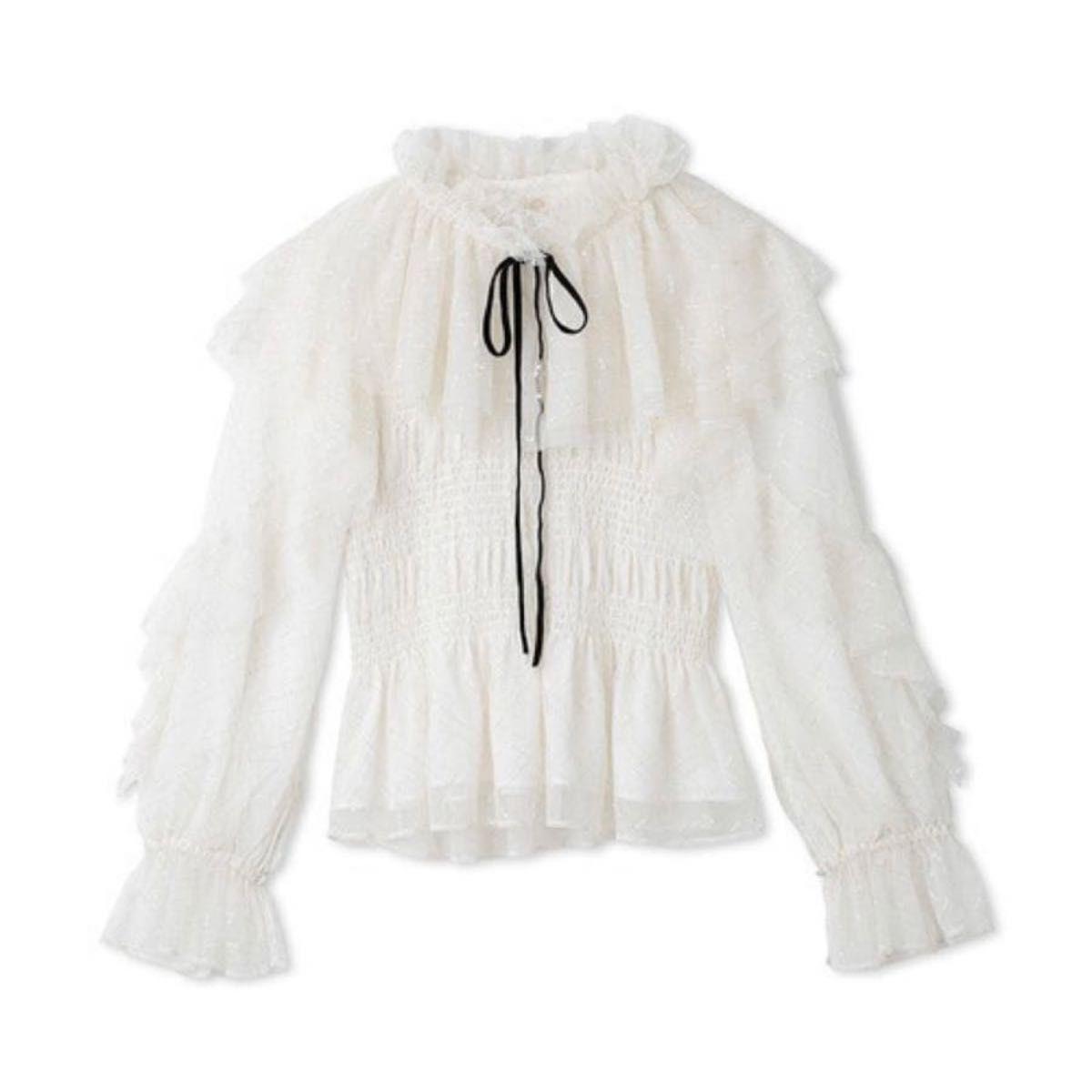 LILY BROWN Tulle lame frill blouse worn by Sakura Miyawaki Le Sserafim