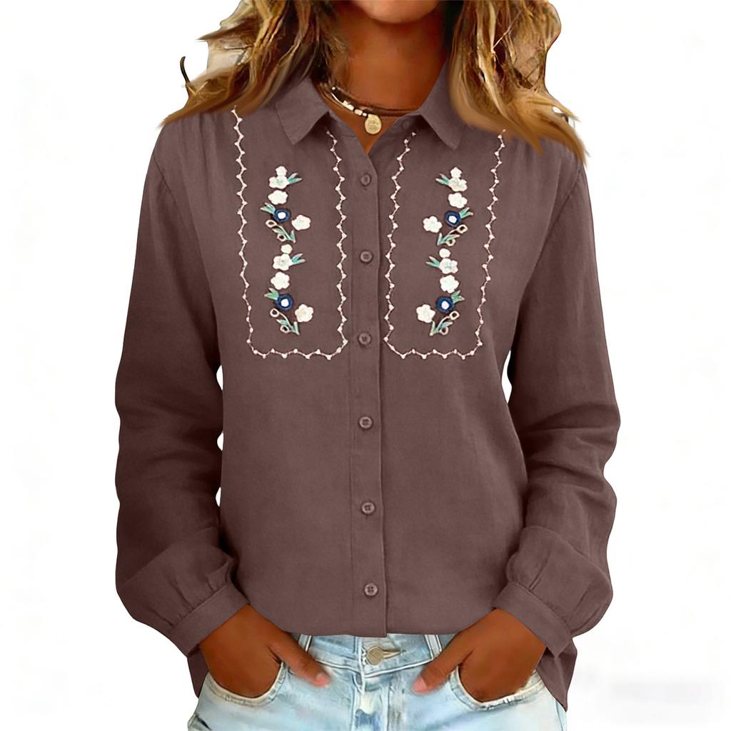 Women's Embroidery Floral Shirts Fashion Button Down Lapel Long Sleeves Casual Comfy Shirt Blouse Tops