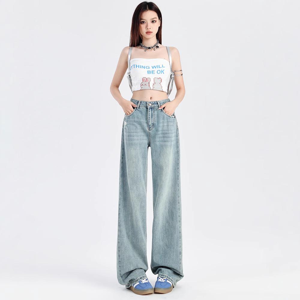 2025 Spring/Summer Women's High Waist Straight Leg Light Wash Non-Elastic Jeans - Slimming Bodycon Drapey Trendy Long Pants