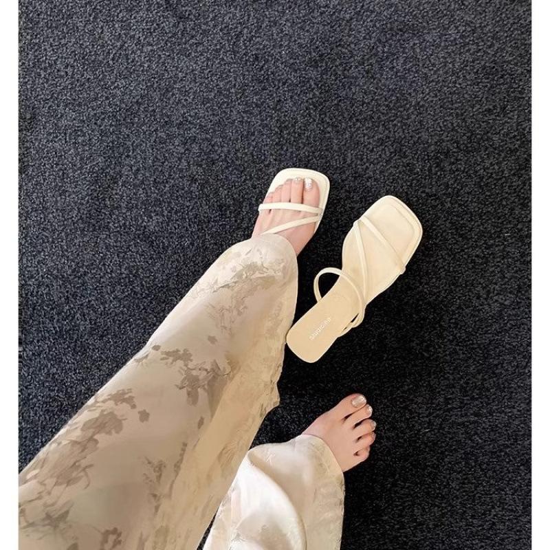 Island Strap Square Head High Heel Cool Slippers Leather Women