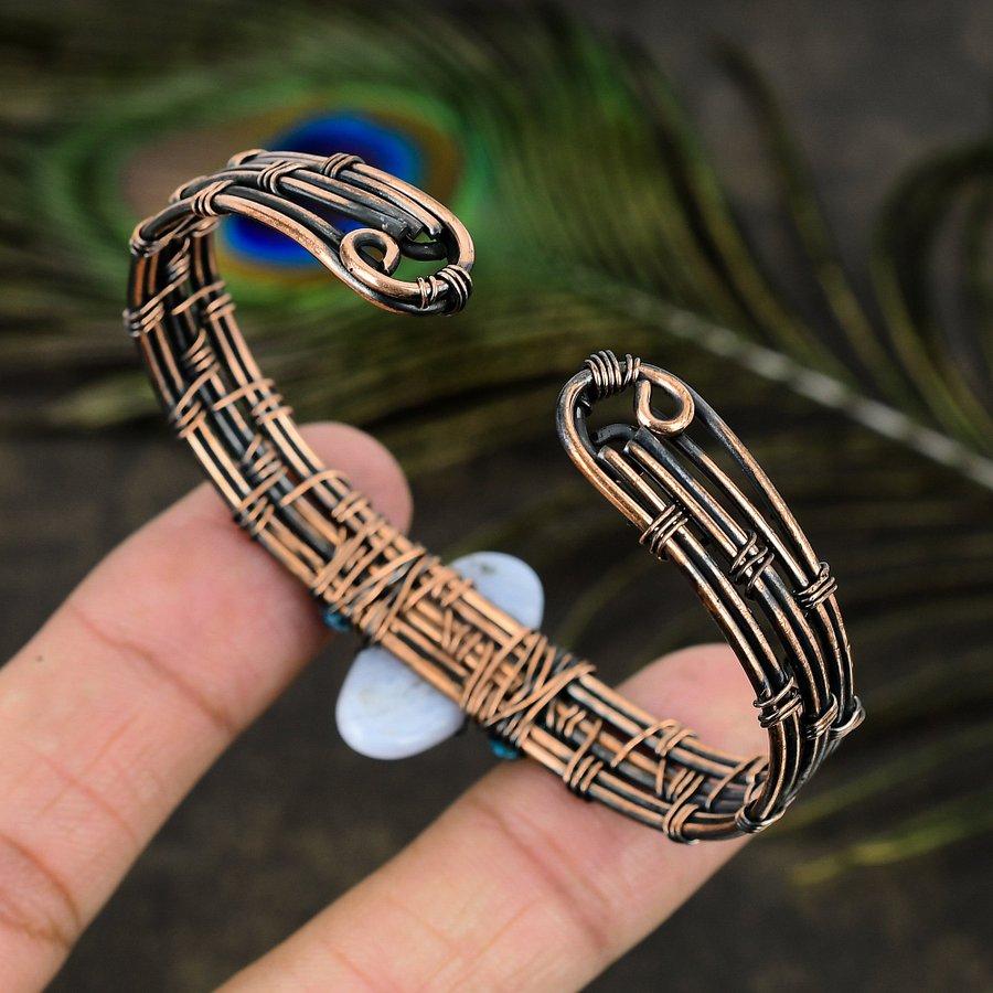Natural Blue Lace Agate Gemstone Copper Wire Wrap Cuff Bangle Adjustable k7A58