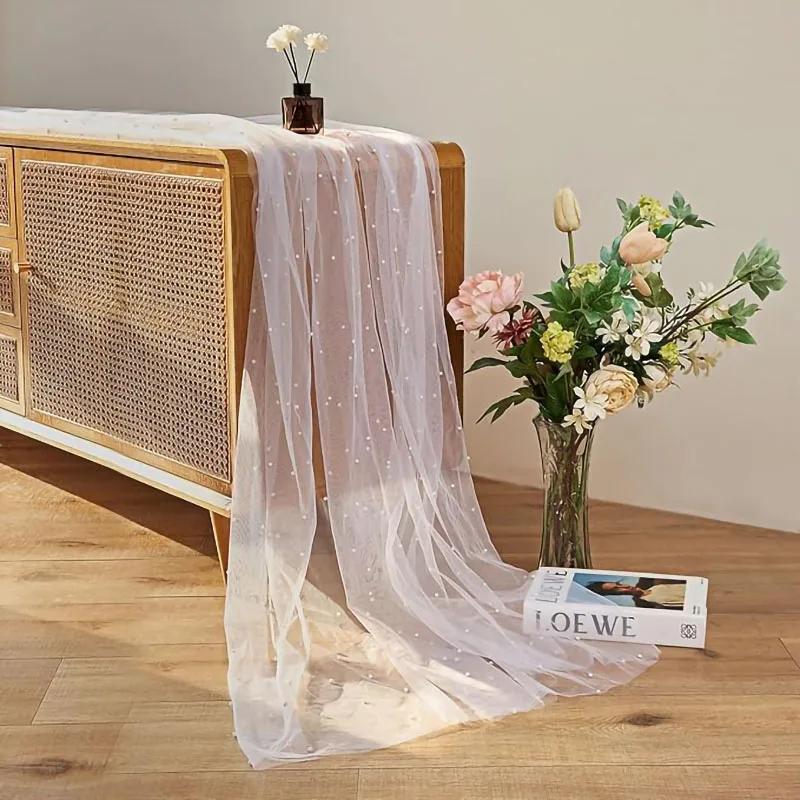 White Pearl Tulle Tablecloth Tulle Table Runner  White Tablecloth Wedding Veil Fabrics for Wedding Arch Dessert Table Decoration