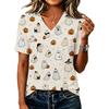 Women's Halloween Print V-Neck Short Sleeve Casual Top for Festive Occasions